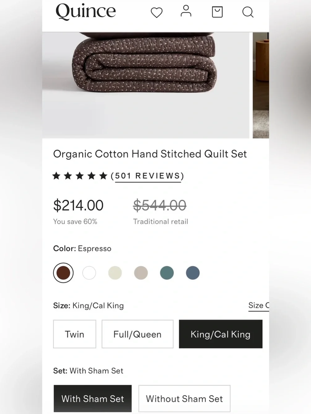 NWT Quince Organic Cotton Hand Stitched 3 pc Quilt Set, King/Cal (Espresso)
